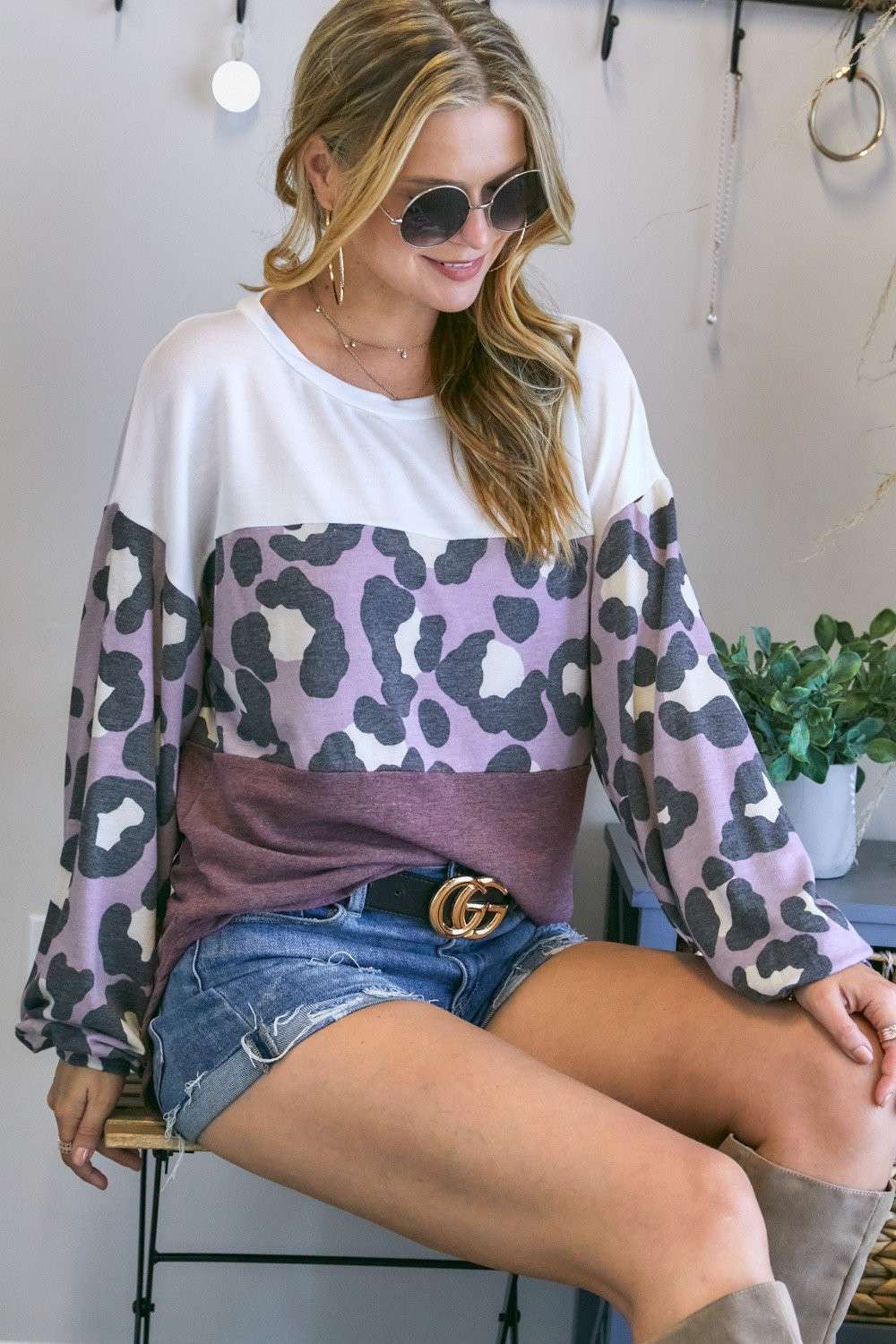 Purple leopard puff sleeve top