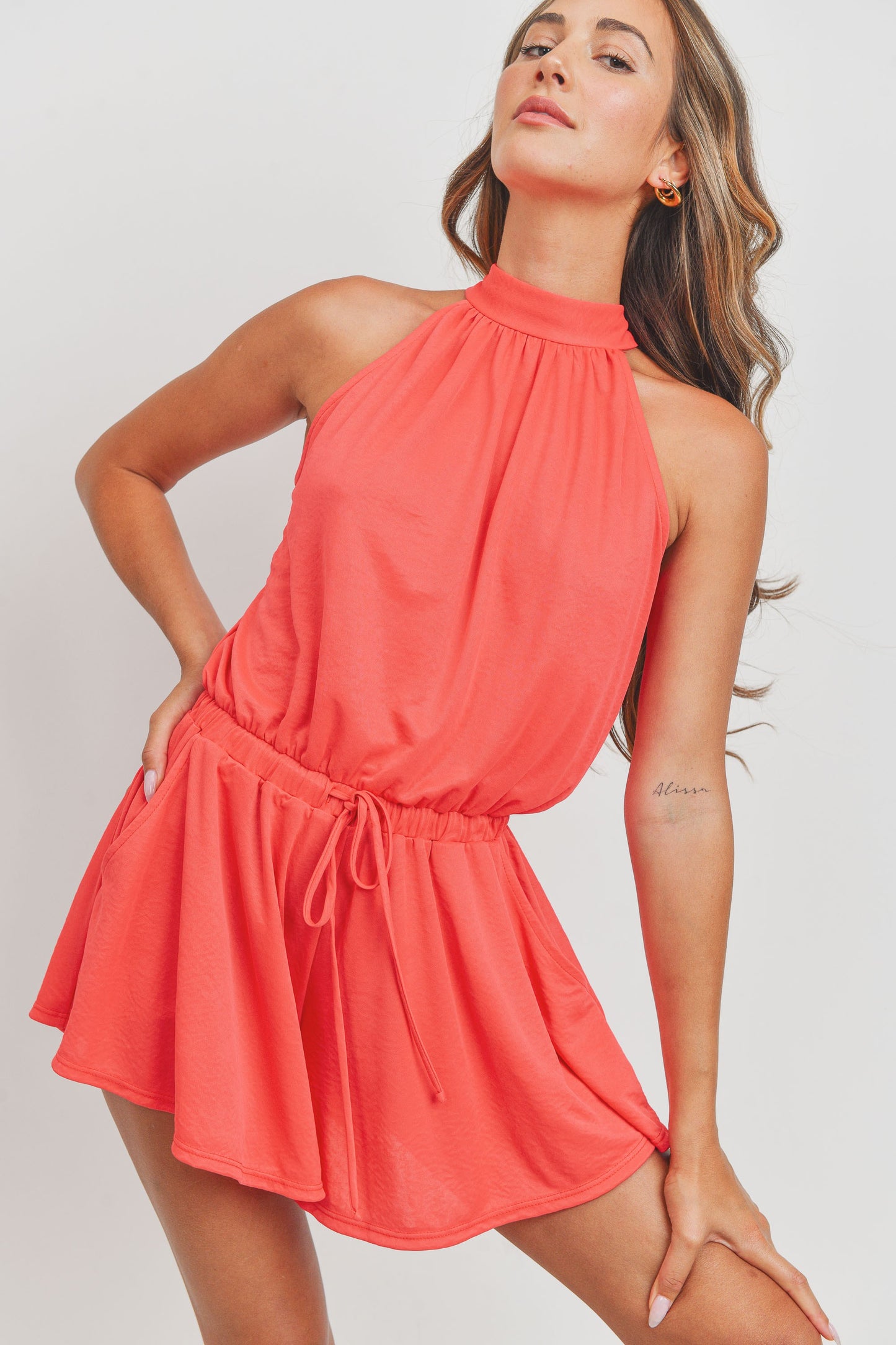 Sleeveless tie neck romper