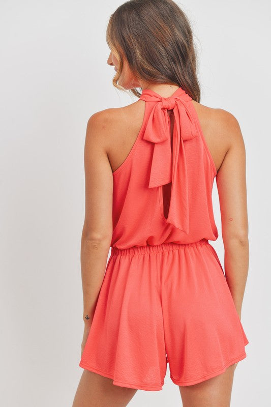 Sleeveless tie neck romper