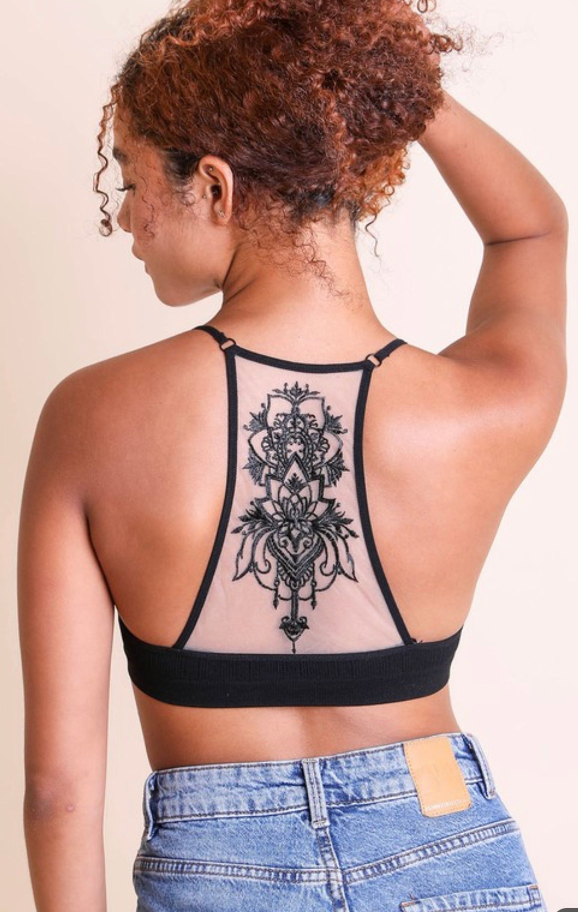 Tattooed mesh racerback bralette