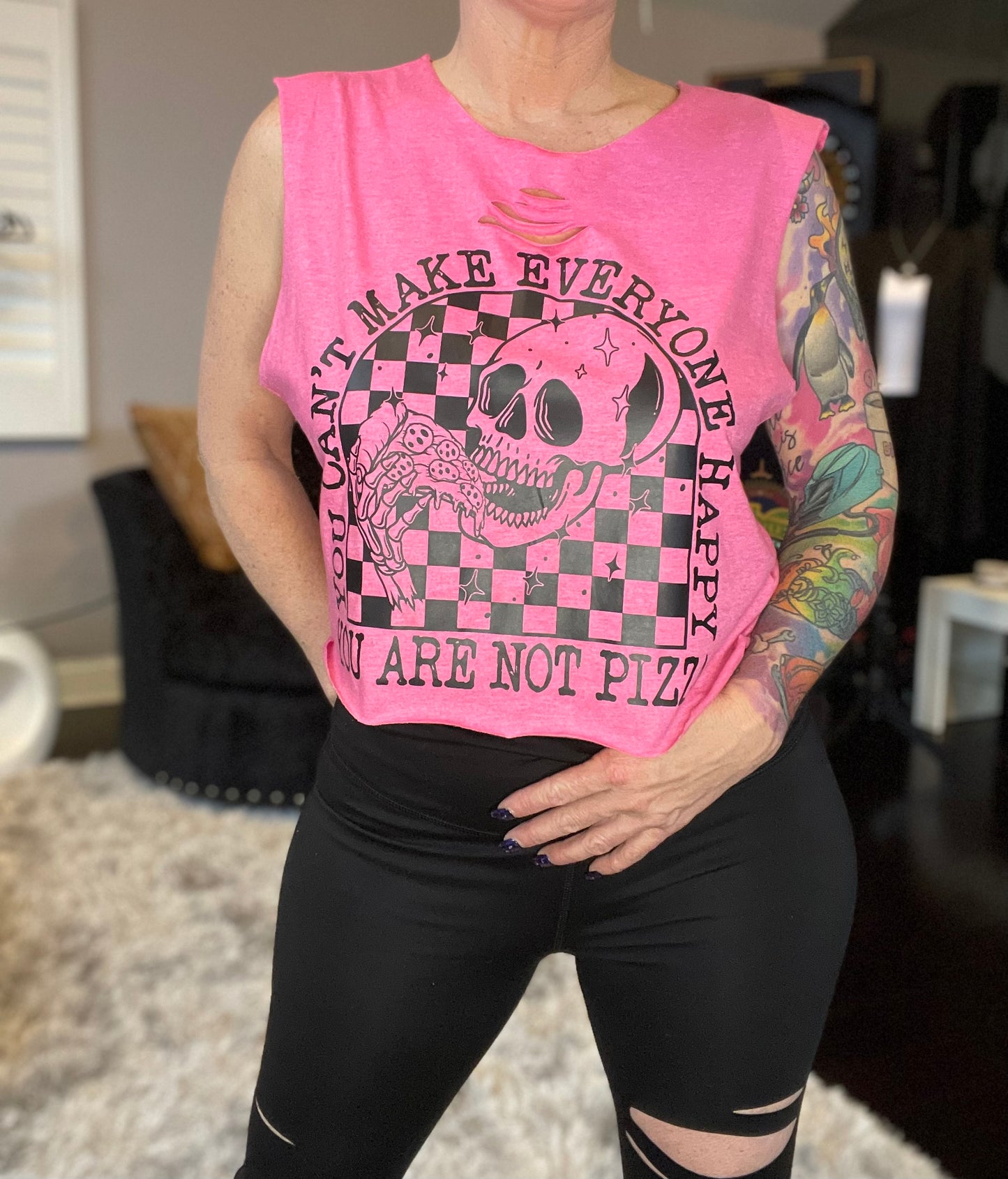 You are not pizza distressed laser cut crop
