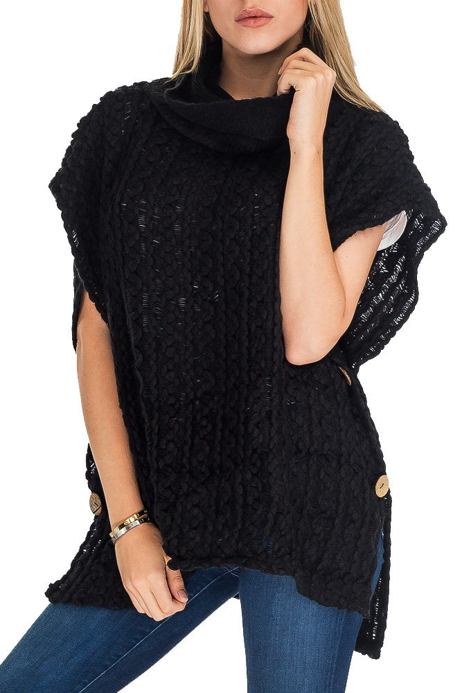 Cashmere Feel Turtle Neck w/ Button Design Poncho