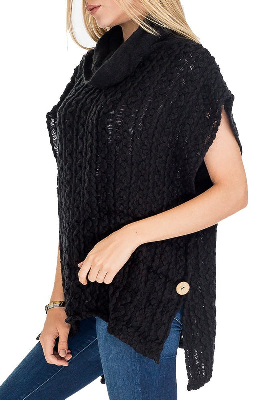 Cashmere Feel Turtle Neck w/ Button Design Poncho