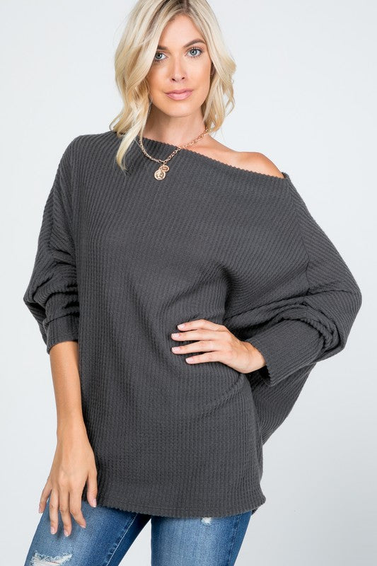 Off-shoulder waffle sweater