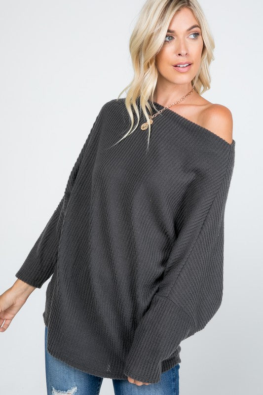 Off-shoulder waffle sweater