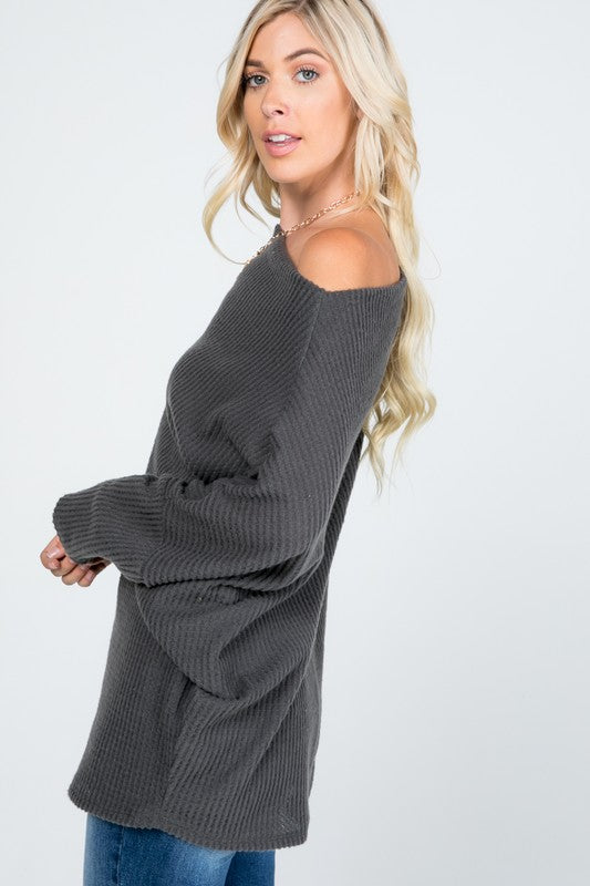 Off-shoulder waffle sweater