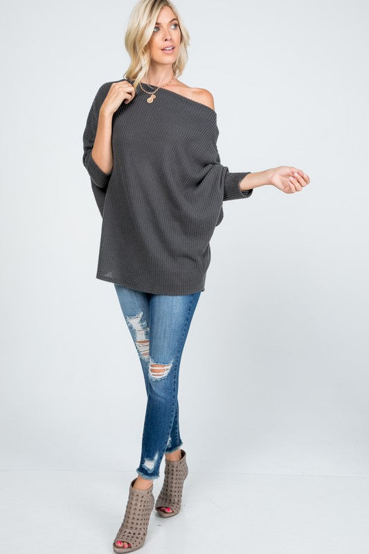 Off-shoulder waffle sweater