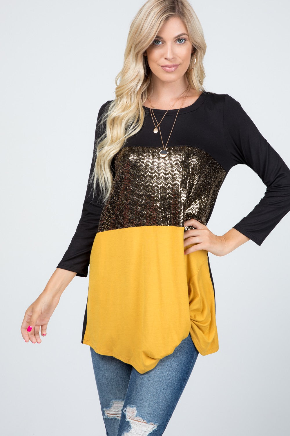 Plus size sequin color block top