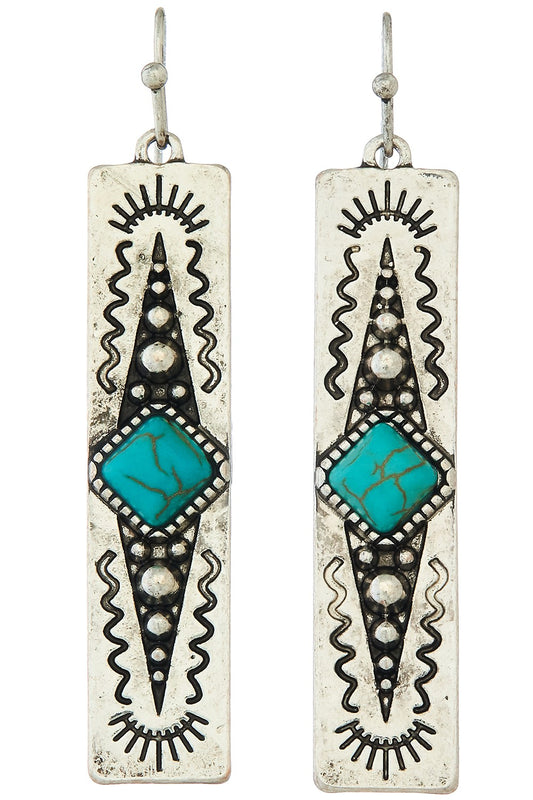 Turquoise stone silver bar earrings